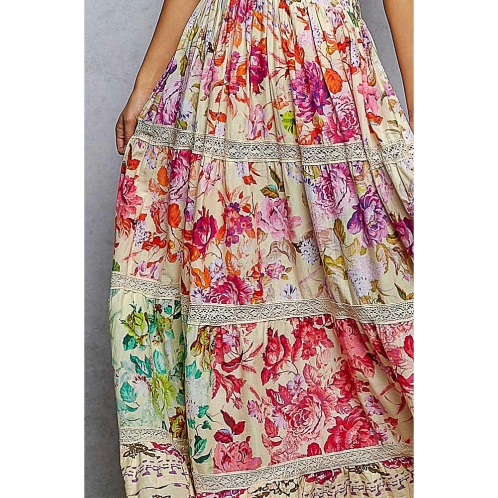 POL Floral Cotton Smocked Waist V-Neck Maxi Dress Sleeveless Tiered Boho Large - Picture 5 of 5